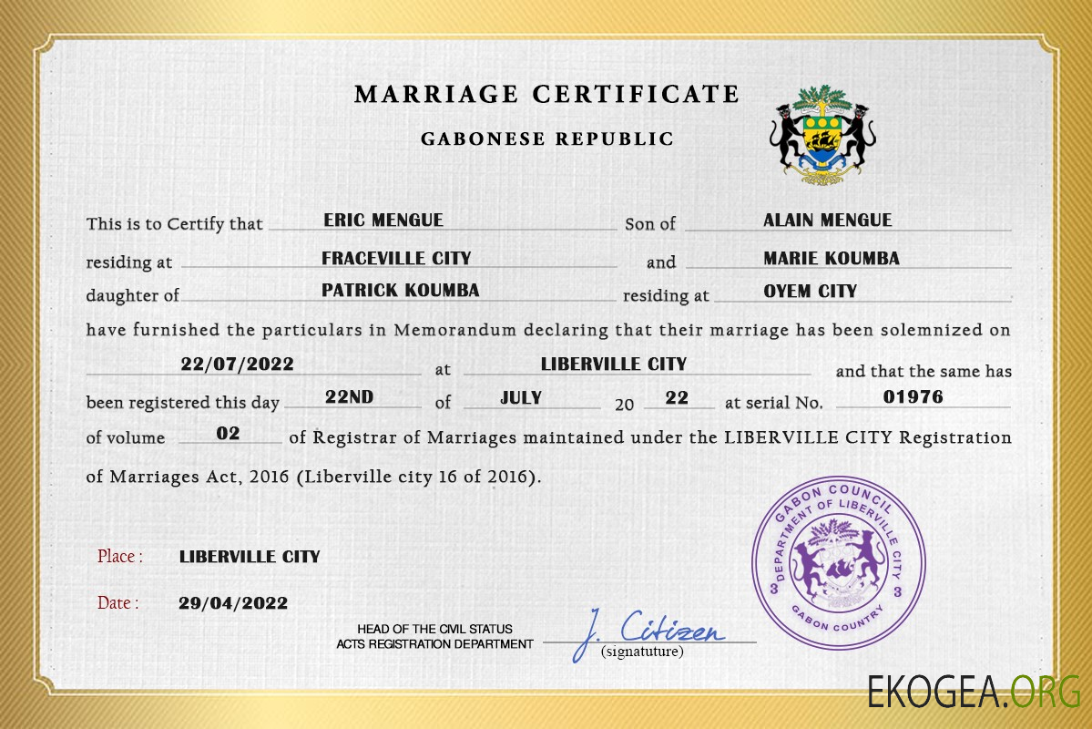 Modèle PSD de certificat de mariage au Gabon